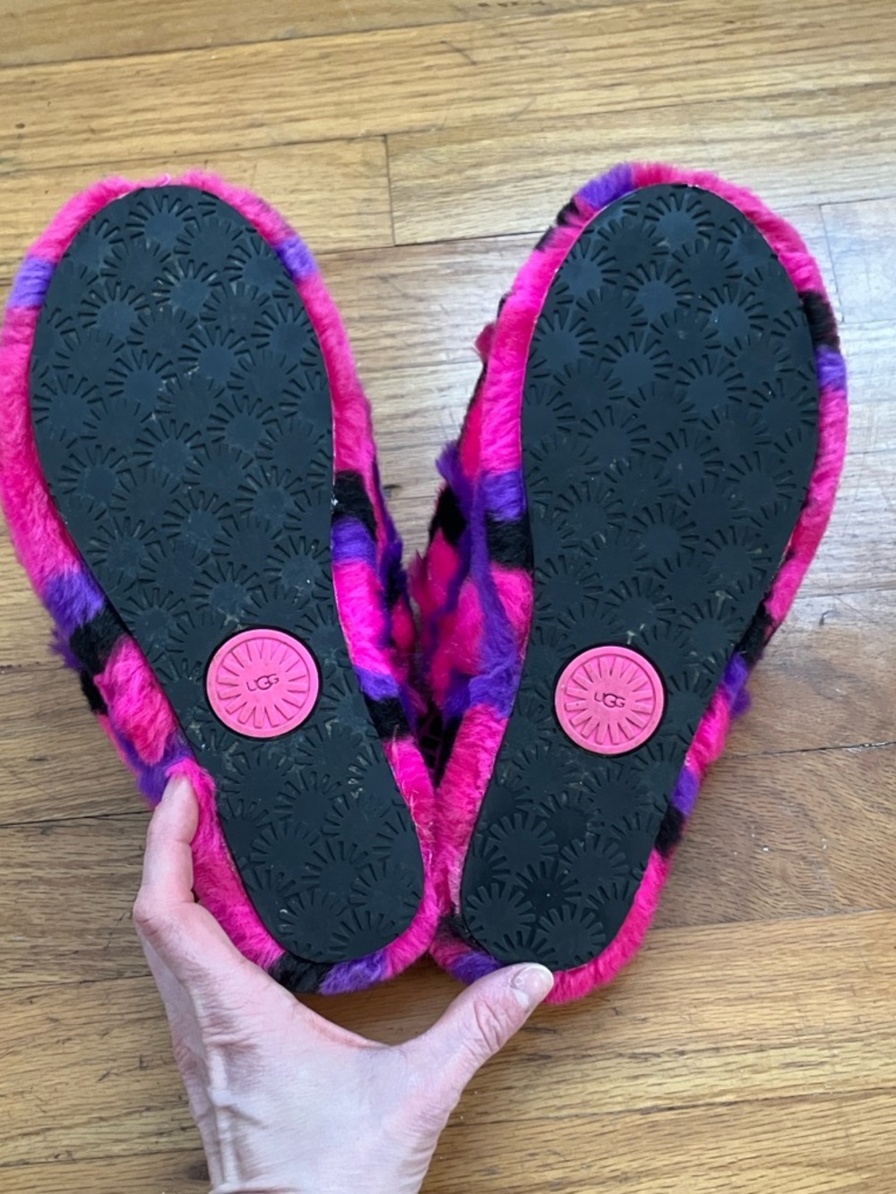 UGG Hot Pink Fuzzy Slide Sandals with Black and Purple Accents - Picture 2 of 3